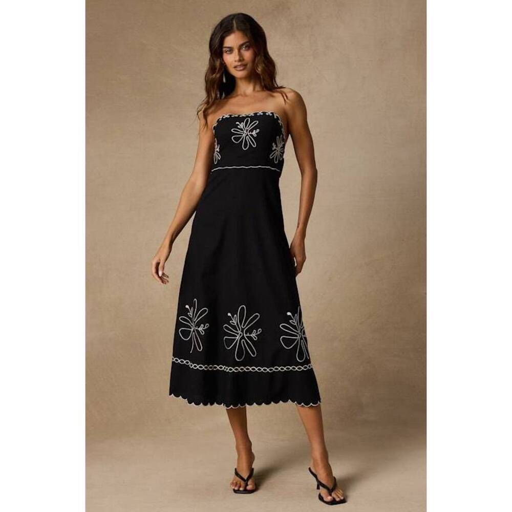 Lulus Leticia Black Linen Embroidered Tie-back Midi Dress - Size M